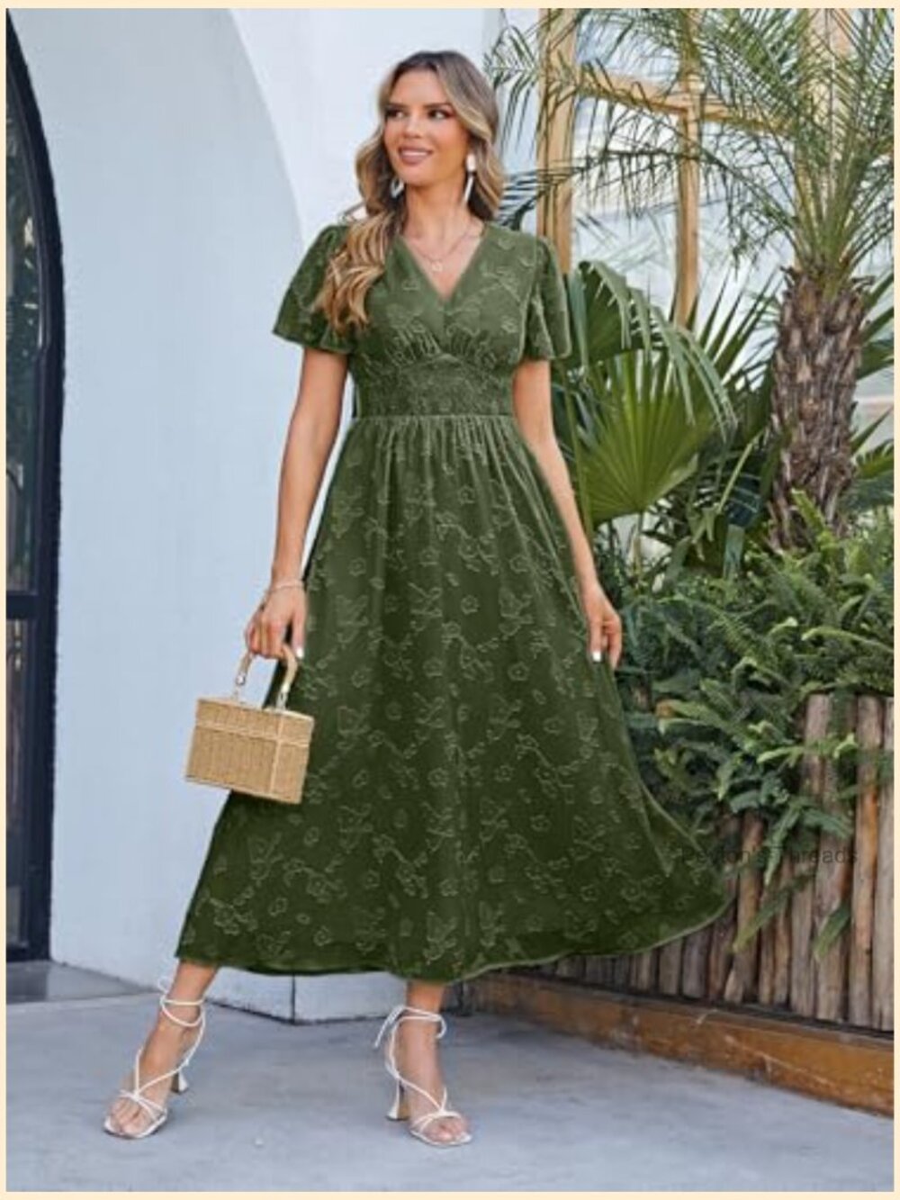 Women's Flowy Boho Floral Maxi Dress V-Neck Short Sleeve Smocked Waist Casual - Picture 5 of 7